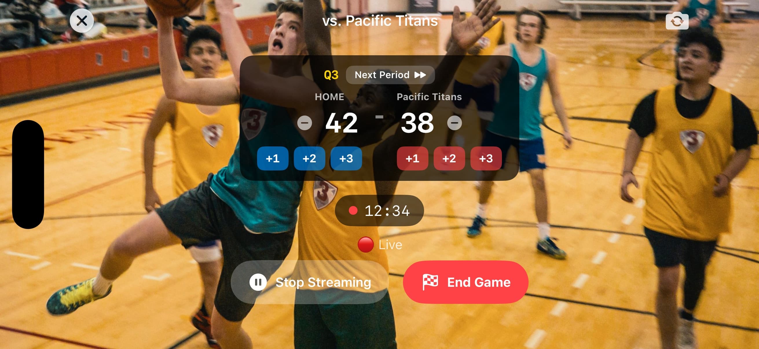 Live stream with real-time score overlay on iPhone in landscape