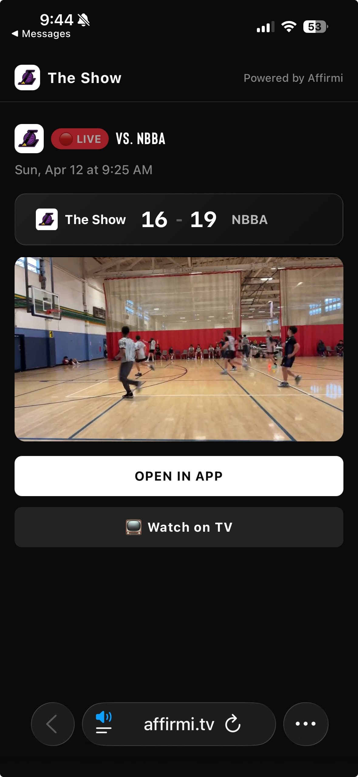 iMessage rich link preview showing The Show vs NBBA live stream with score 16-19